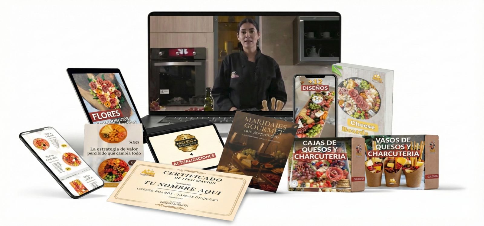 Mockup do Pacote Completo Cheese Boards: Curso, Bônus, Certificado e Acessos